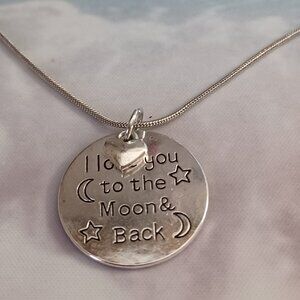 NWT HANDMADE I LOVE YOU TO THE MOON AND BACK SILVER NECKLACE & HEART EAR…
